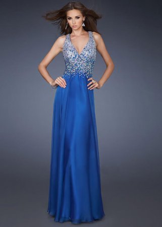 Sapphire Blue Deep V Neck Long Chiffon Sequin Dress Cheap