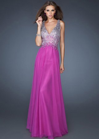 Magenta Glitter Floor Length V-Neck Winter Formal Dress