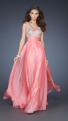 Chiffon Coral Deep V-Neck Sequin Long Prom Dresses