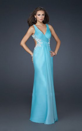 Sexy Ocean Blue Deep V Neck Lace Back Long Prom Dress