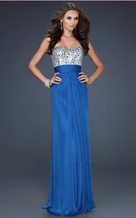 Sapphire Blue Beaded Strapless Long Prom Dresses 2014