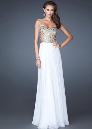 Sexy White Sweetheart Chiffon Strapless Sparkly Prom Dress