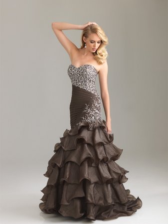 Chocolate Strapless Ruched Ruffle Mermaid Long Prom Dress