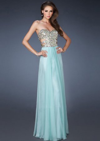 Chiffon Sweetheart Seafoam Open Back Top Sequin Long Prom Dress