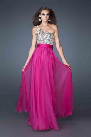 Chic One Shoulder Magenta Beading Sheer Mesh Back Formal Dress