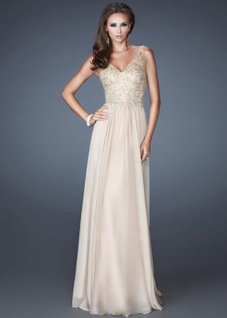 Charming Nude Embellished V Neck Long Prom Dress 2014