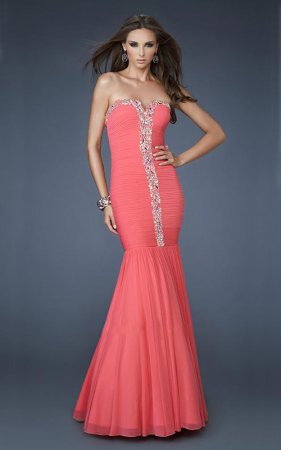 Chic Sequin Coral Strapless Mermaid Dropped LongProm Dress