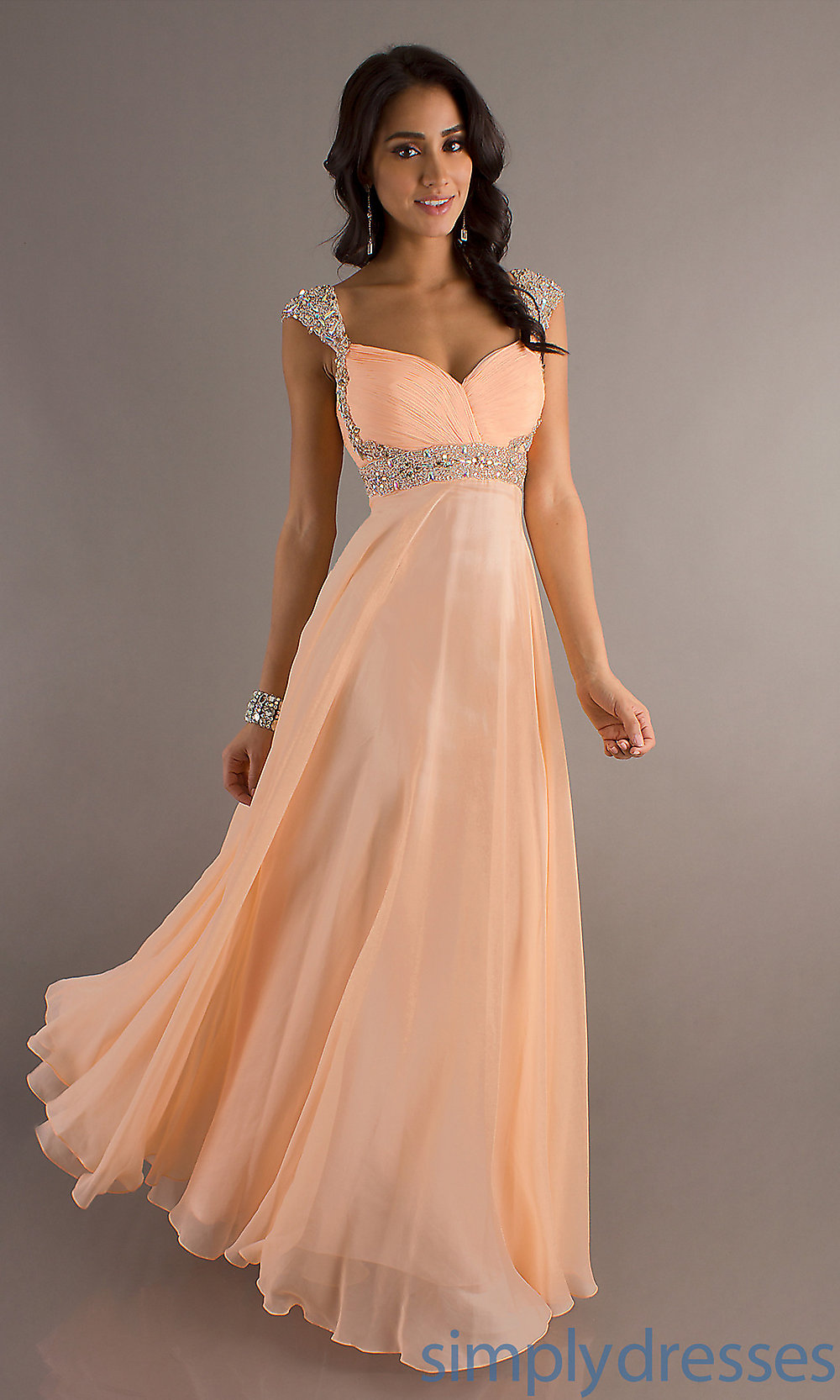 Cheap Glitter Long Empire Champagne Cap Strap Prom Dress 2014